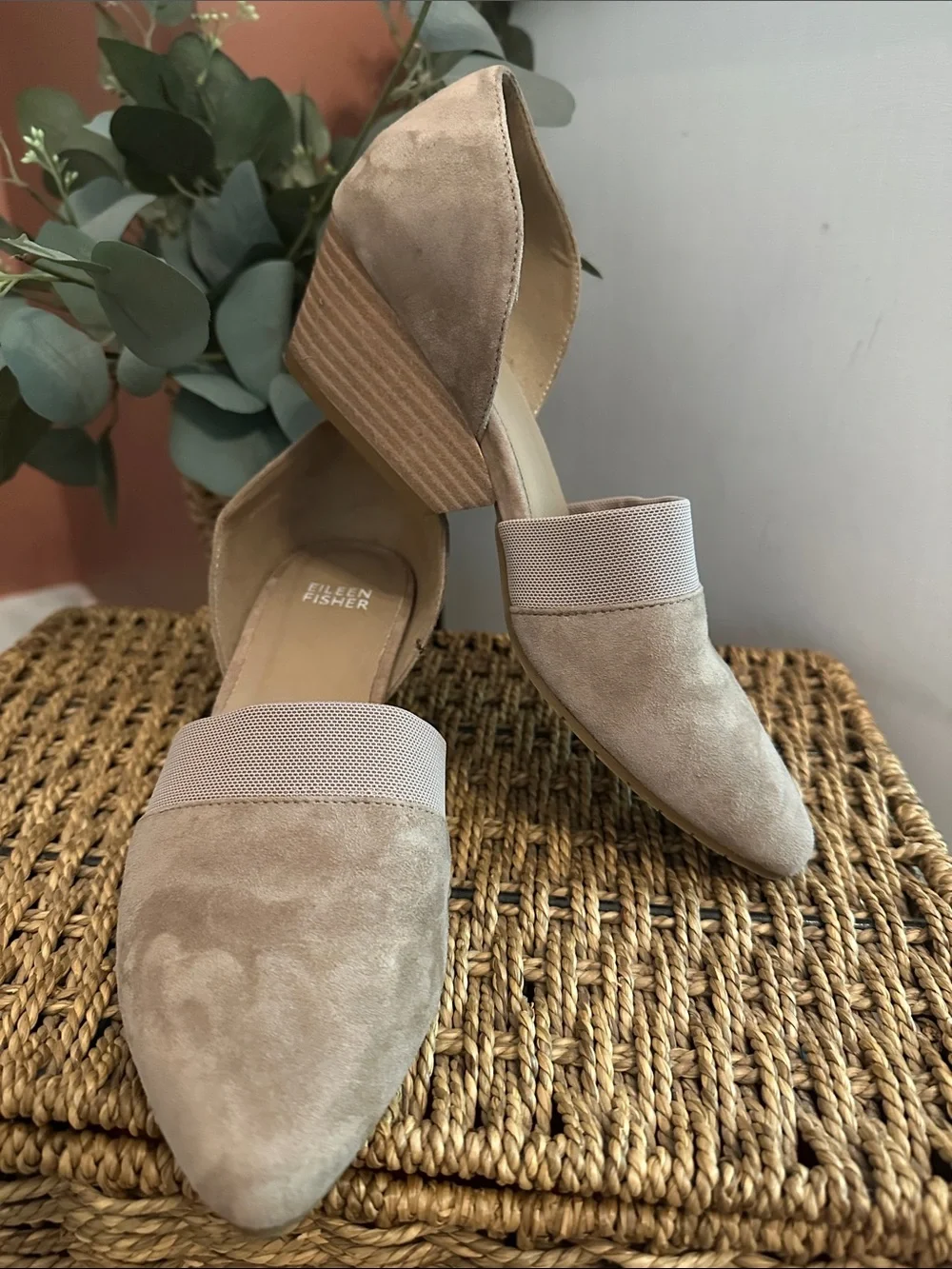 Eileen Fisher Hilly D’Orsay 7 tan suede mesh slip on 2” heel wedge shoes